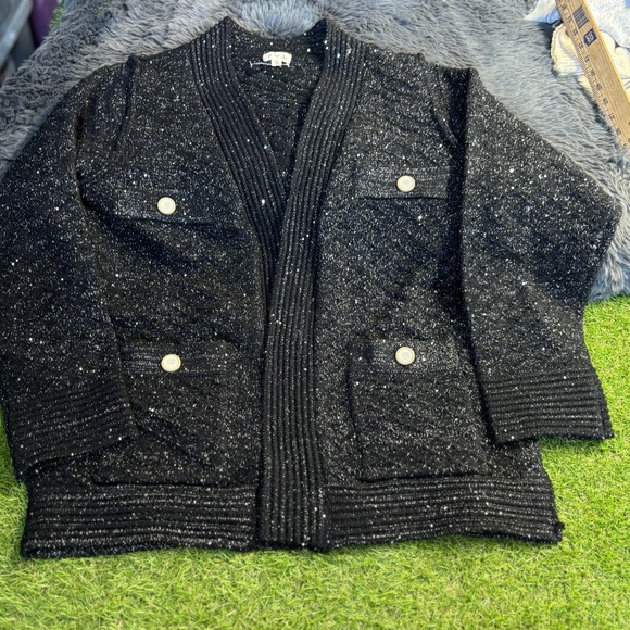 POL Black Sequin Knit Cardigan Sweater Open Front Shimmer Small - Picture 1 of 14
